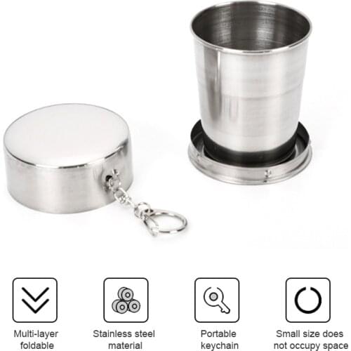 250ML 304 Stainless Steel Folding Cup Retractable Camping Collapsible Cups Demountable Portable Outdoor Travel Supplies Keychain
