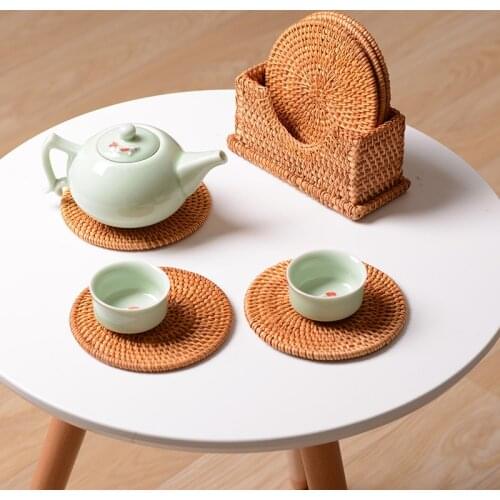 6PC Coaster Set Vine Woven Coaster Coffee tables Insulation Pad Round Kitchen Table Mat Desk Mat Rattan Coaster Tea Placemat Pad
