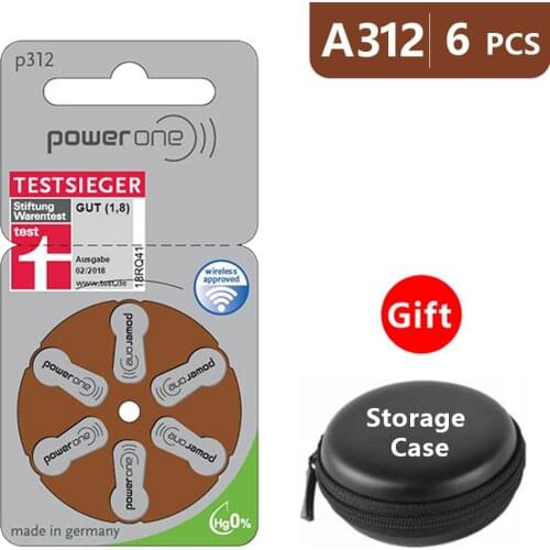 Hearing Aid Batteries Size 312 za Power one,Pack of 6,Brown Tab PR41 1.45V Type A312 AU-6nh Zinc Air Battery p312 with Case Box