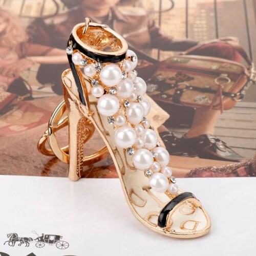 Dongsheng Pearl Crystal High Heel Shoes Key Chains Jewelry Gifts for Women Girl Bag Charms Keychain Car Keys Holder Keyring