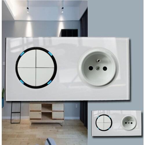 146 Type 4 gang 2 way French switch Crystal Tempered Pure Glass Panel 13a Double Eu Standard Wall Power Socket Grounded white