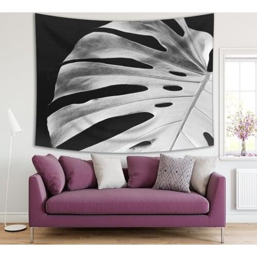 Tapestry Monstera Leaf Tropical Plants Nature Closeup Modern Photo Printed Black Gray White