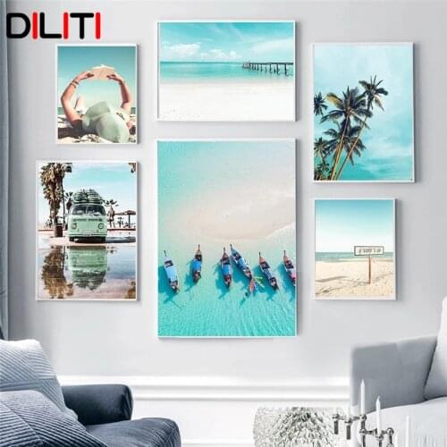 Summer Nature Seascape Canvas Poster Beach Coconut Tree Painting Print Scenery Wall Art Picture for Living Room Home Decor
