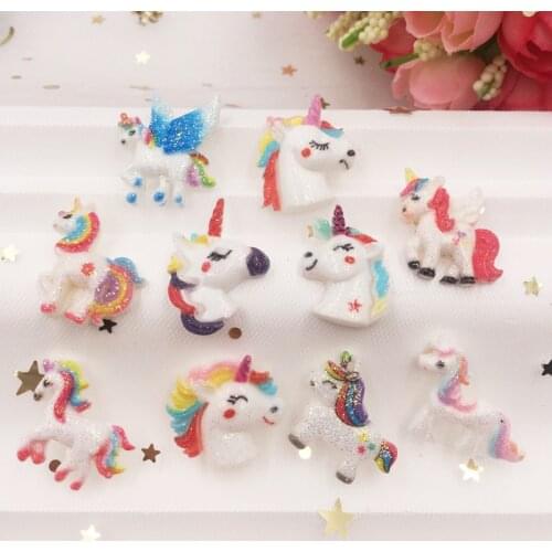 Kawaii Resin Cabochon Colorful Glitter Unicorn Flat Back Figurine Stone Applique 20pcs DIY Wedding Scrapbook Decor Home Craft