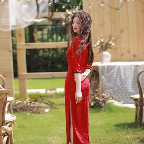 Red Vintage Chinese Bride Wedding Dress Gown Female Classic Oriental Qipao Vintage Button Beading Cheongsams Mandarin Collar New