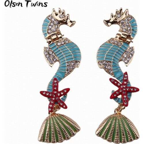 Olsen Twins Summer Shell Starfish Sea Horse Earrings, Long Rhinestone Enamel Earrings for Drop Shipping Wholesale