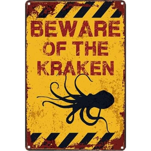 Original Retro Design Beware Of The Kraken Tin Metal Signs Wall Art, Anti-Corrosion Thick Tinplate Wall Decoration Sign