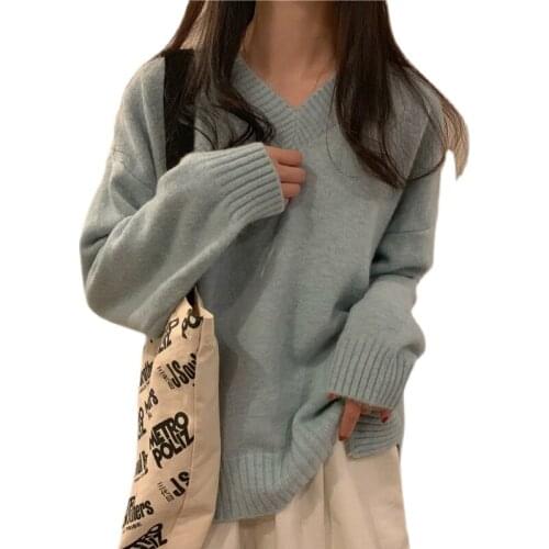 Autumn Winter Women Knitted V-Neck Cashmere Sweater 2021 New Casual Basic Pullover Jumper Batwing Long Sleeve Loose Tops Female