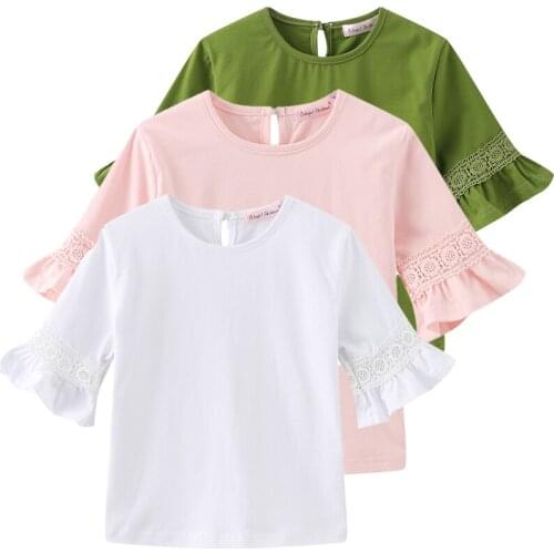 Half Flare Sleeve Girls Shirt Summer Candy Color Kids Lace Shirt for Girls Clothes Elegant Round Collar Children Pullovers