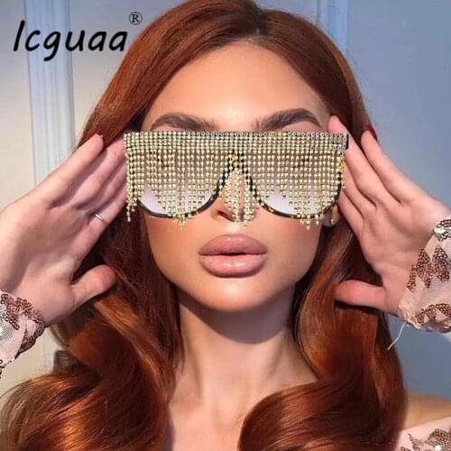 Luxury Oversized Sunglasses Tassel Diamond Handmake Eye Wear One Piece Brand Designer Gafas Oculos Sunglasses