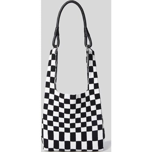 Casual Plaid Knitting Shoulder Bags for Women Designer Lady Handbags Luxury Faux Woolen Large Capacity Tote Shopper Purses 2021