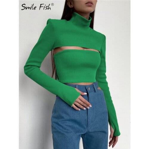 Harajuku Knit Turtleneck Tops and Tanks Two Pieces T shirt Female Hollow Autumn Winter 2021 Fashion Long Sleeve Short Tee PR717M