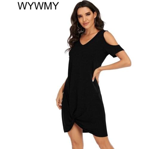 WYWMY Summer Dress V Neck Off Shoulder Front Knot Twist Soft Elastic T-shirt Dress Women Casual Loose A Line Mini Dresses 2021