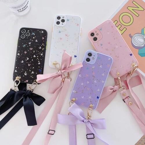 Camera protection Gold leaf Glitter soft phone case for iphone 7 8 Plus X XS XR MAX 11 Pro Crossbody bag Bow tie love cover capa
