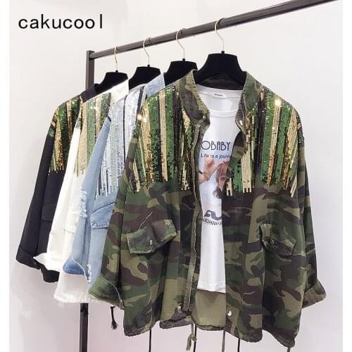 Cakucool Boho Camouflage jacket Female Sequins Shinny Lace up Jeans Coat Bomber Jacket Long Sleeves Jean Colete Feminino Large