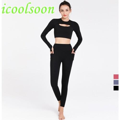 ICOOLSOON Pocket fitness women elastic tight-fitting high waist hip autumn and winter quick-drying running yoga pants leggings