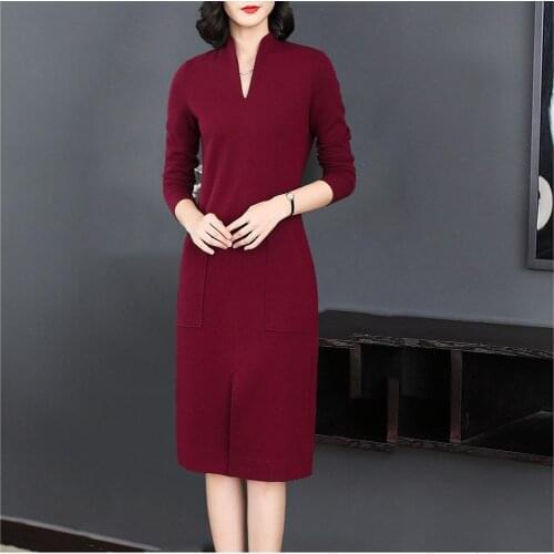 S-4XL 2019 New Autumn Winter Dresses Elegant Women Bodycon Dress Sexy Lady V-neck Split Solid Sweater Dress Casual Dresses