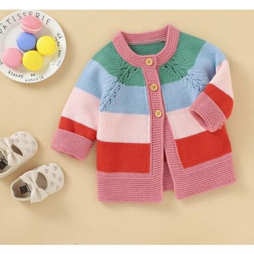Winter Warm Kids Casual Sweater Baby Girl Rainbow Striped Print Cotton Knitted Outerwear Clothes