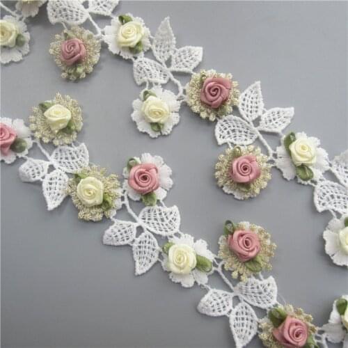 1yard Cotton Gold Rose Flower Embroidered Lace Trim Ribbon Fabric Sewing Supplies Craft For Costume Dress Hat Decoration