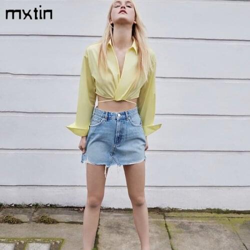 2021 Women Spring Fashion Sexy Yellow Cropped Blouses Vintage Autumn Lapel Collar Long Sleeve Female Shirts Top Female