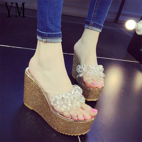 Fashion Brand Bling High Heels Sandals Crystal Peep Toe Summer Womens Shoes Platform Shoes Wedge Solid Woman Sandals slippers