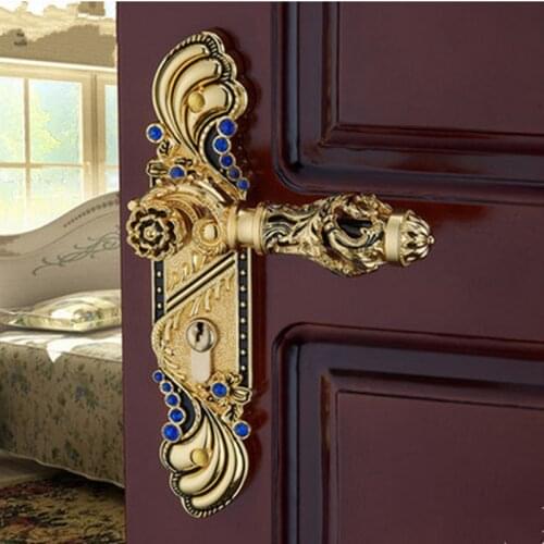 Euro antique style luxury crystal archaize bed room handle lock Gold diamond wood door lock 2 latchs indoor handle lock