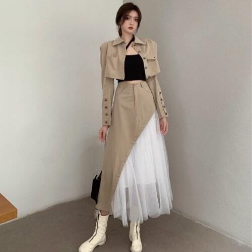 Elegant Short Small Suit Coat High Waist Mesh Skirt Two-Piece Womens 2021 New Suit