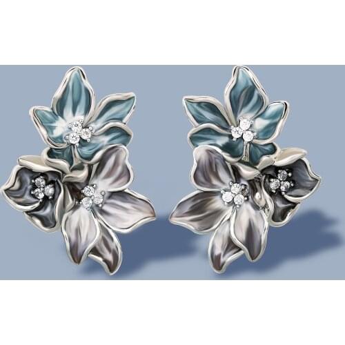 Classic Womens 925 Silver Earrings Elegant Flower Shape Earrings Handmade Enamel Jewelry Wedding Bridal Earrings