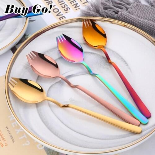 3 in 1 Sporks Dessert Fork Spoon 304Stainless Steel Curved Handle Spaghetti Salad Dessert Fruit Utensils Kitchen Tableware Tools