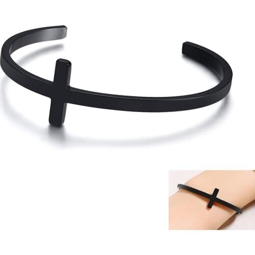 Fashion Black Stainless Steel Cuff Bracelet Faith Hope Love Cross Bangle Bracelet for Women Sister Girlfriend Gift