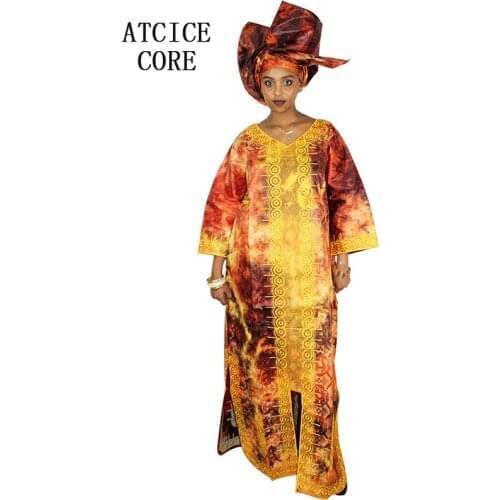 New african bazin embroidery design dresses printed material long dress with scarf BIG size