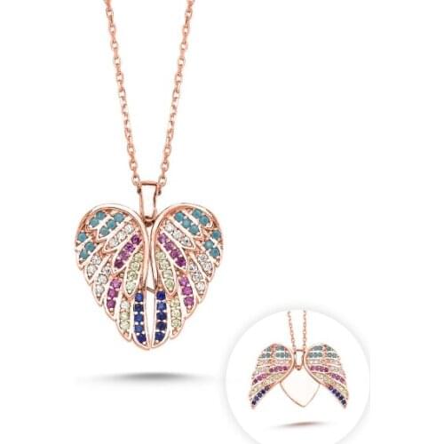 KUTAYDAN Zircon Cubic Zirconia Moving Wing & Heart Necklace 925 Sterling Silver