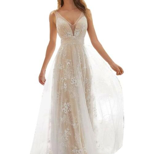 Bride Dresses with Lace Appliques V Neck Bridal Gown Elegant for Women JL