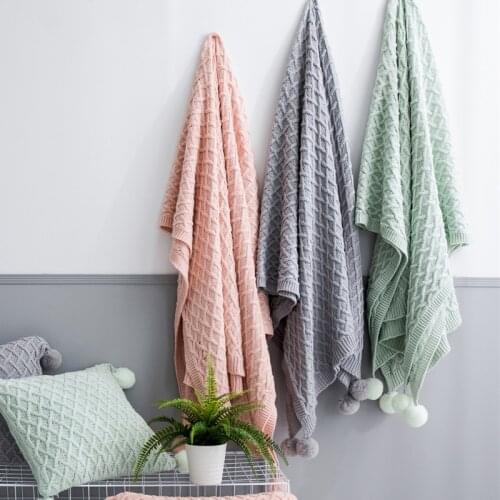 Throw Travel Blanket Sofa Throw Blanket Knitted Green Pink Grey Pom pom Ball Air Condition Blanket Diamond Acrylic 130x160cm