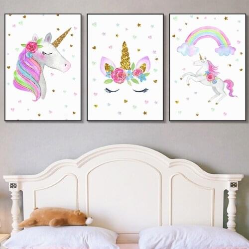 Rainbow Unicorn Cloud Little Star Heart Print Pink Flower Canvas Painting Colorful Nursery Wall Art Baby Girl Room Wall Decor
