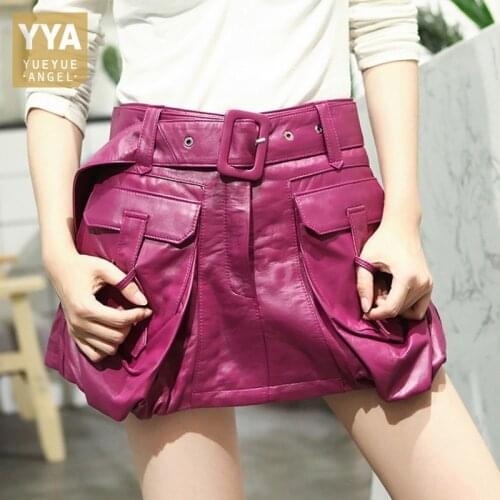 Women Genuine Leather Cargo Shorts Skirts Sashes Loose Fit High Waist A-Line Shorts Fashion Big Pockets Sheepskin Mini Trousers