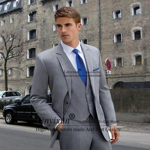 Tuxedo 2020 Custom Made Man Fall Groom Grey Suit Male (Jacket+Pants+Vest) Slim Fit Business Coat Fashion Wedding Marriage Homme