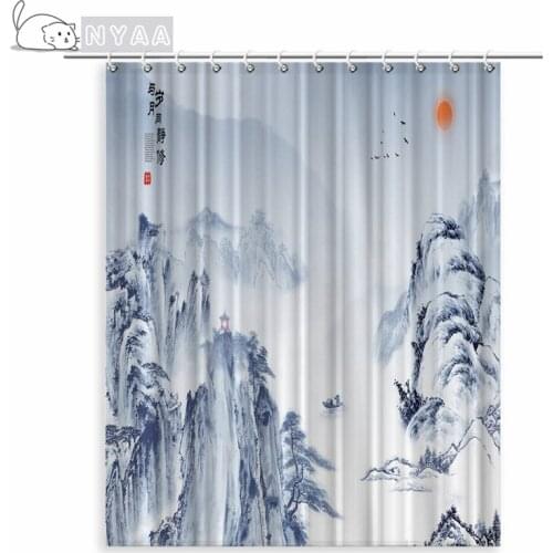 Chinese Style Shower Curtain Bathroom Set Waterproof Ink Painting Landscape Forest Scenery Bathtub Screen Window Decor Curtains