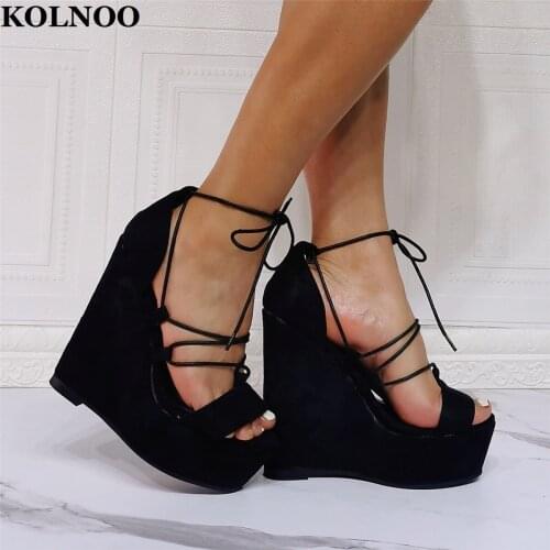 KOLNOO Handmade Ladies Wedges Heeled Sandals Crisscross Lace-Up Straps Peep-Toe Sexy Platform Party Prom Fashion Evening Shoes