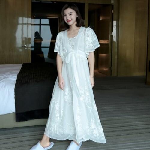 Summer Luxury Deep V Soft Silk Two Pieces Female White Robe Sets Short Sleeve Floral Long Nightgowns Loose Night Dress