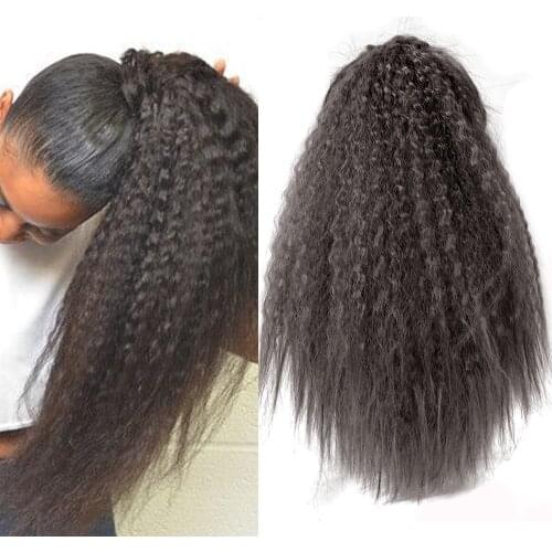 Afro Kinky Straight Ponytail,Yaki Straight Wrap Around Ponytail Hairpieces Heat Resistant Synthetic Clip in Hair Extension