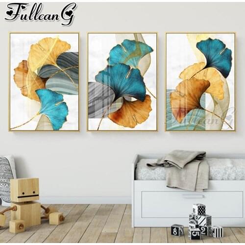 FULLCANG 5d diy diamond embroidery Blue Green Yellow Gold Plant Leaf diamond painting triptych full square round drill FC2626