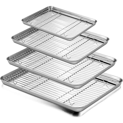 2PCS/Set Non-Stick Baking Tray Stainless Steel Cake Bread Cooling Rack Suit Grid Line Bakeware Plate Kitchen Cooking Tools