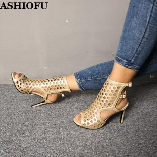 ASHIOFU Handmade Ladies High Heel Sandals Buckle Strap Real Photos Sexy Club Party Shoes Slingback Evening Fashion Sandals Shoes