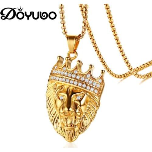 DOYUBO New Arrival Men Stainless Steel Lion Head Pendant Necklaces With White Rhinestone Crown Gold Color Animal Necklaces DC242