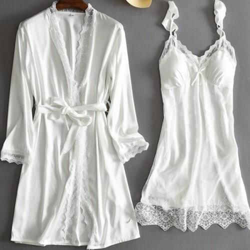 2PCS Robe Set Women Sexy Home Clothing V-Neck Intimate Lingerie Lace Spring Summer Wedding Nightgown Casual Satin Nightwear