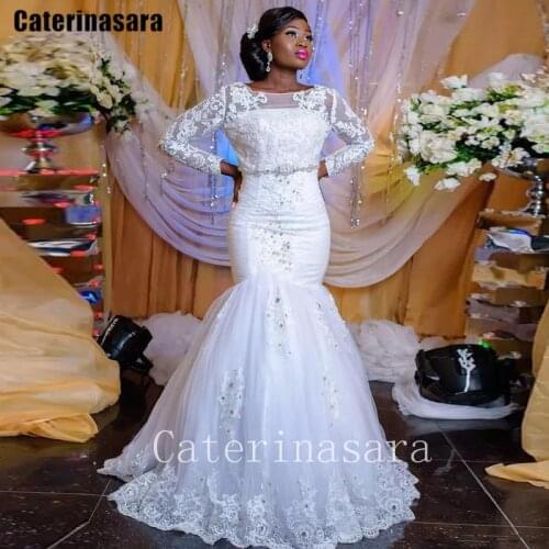 Lace Beads Scoop Neck Long Sleeves Zipper Mermaid Wedding Dress 2021 New Bridal Gown