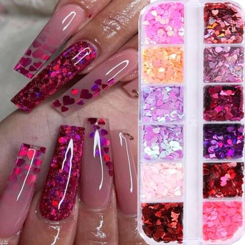 12 Grids Laser Love Heart Nail Art Sequins Butterfly 3D Mixed Sparkle Lips Shape DIY Nail Glitter Flakes Charm Nails Decorations