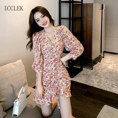 Summer Dress One-Piece WomenS Dress 2021 New Long Sleeve Chiffon Floral Dress Vintage Pleated Print Dress Mini Dress Female