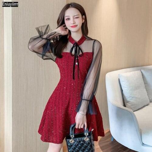 Fashion Mesh Patchwork Hot New Red O Neck Sexy Party Vestidos Women Sheer Mesh Dress